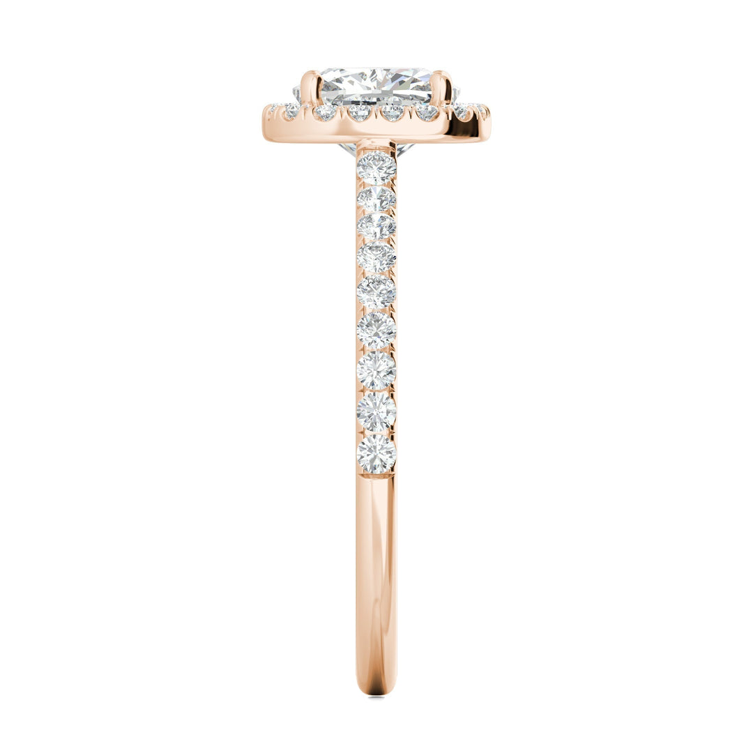 Cushion pave engagement ring shown on hand for true-to-life sizing