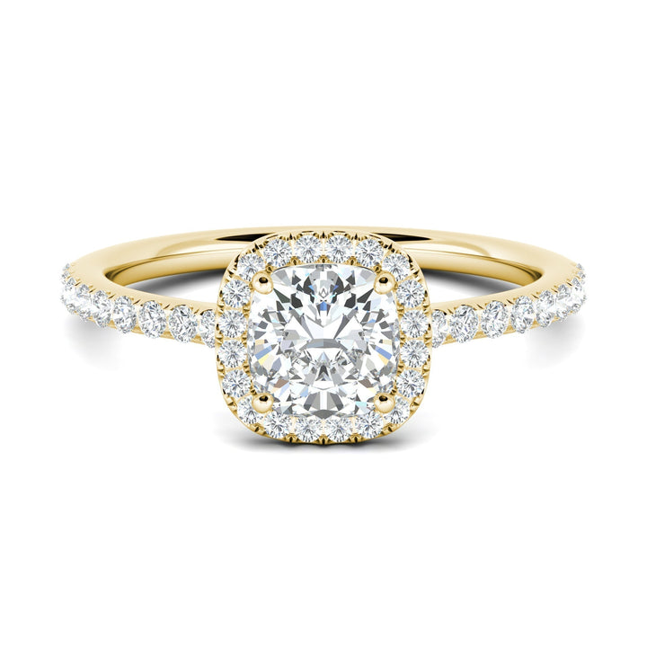Detailed close-up of cushion pave diamond engagement ring