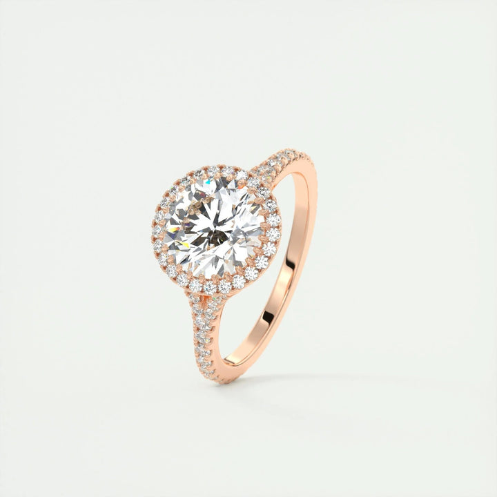 Side angle of round halo diamond engagement ring