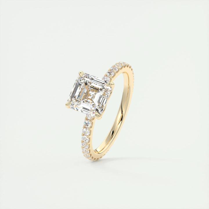 Asscher pave diamond ring displayed on jewelry stand
