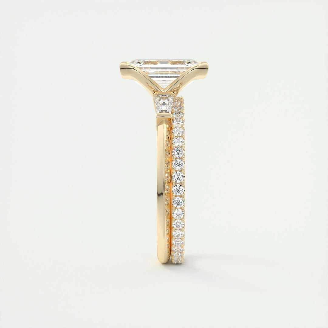 Emerald cut engagement ring side view showing band detail