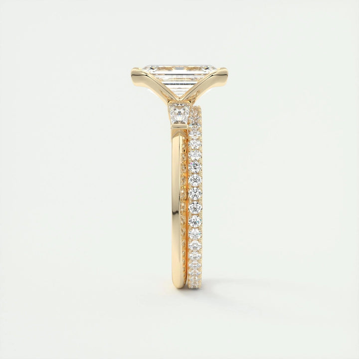 Emerald cut engagement ring side view showing band detail