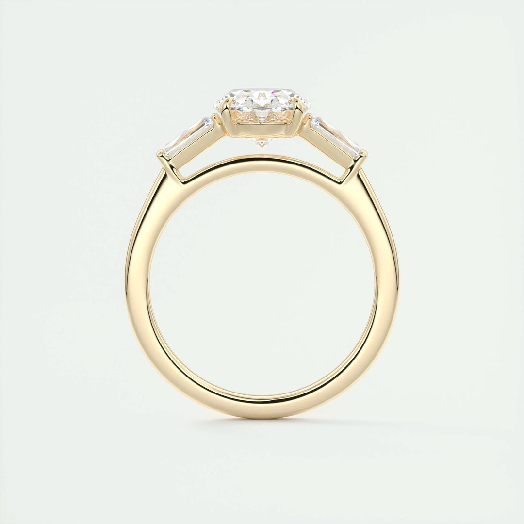 Oval three stone ring set with an IGI graded diamond