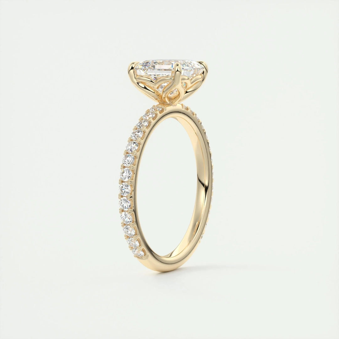 Asscher pave engagement ring photographed in natural light
