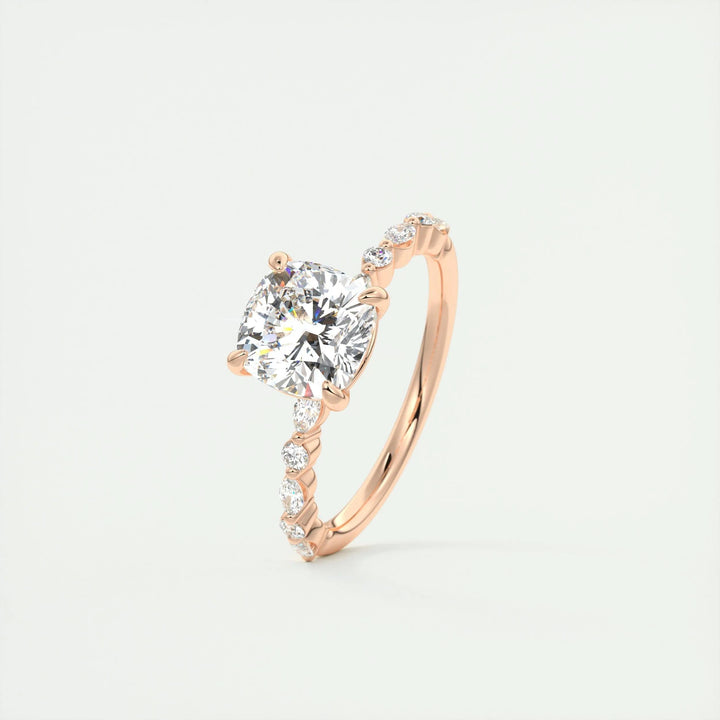 Cushion cut engagement ring side view showing band detail