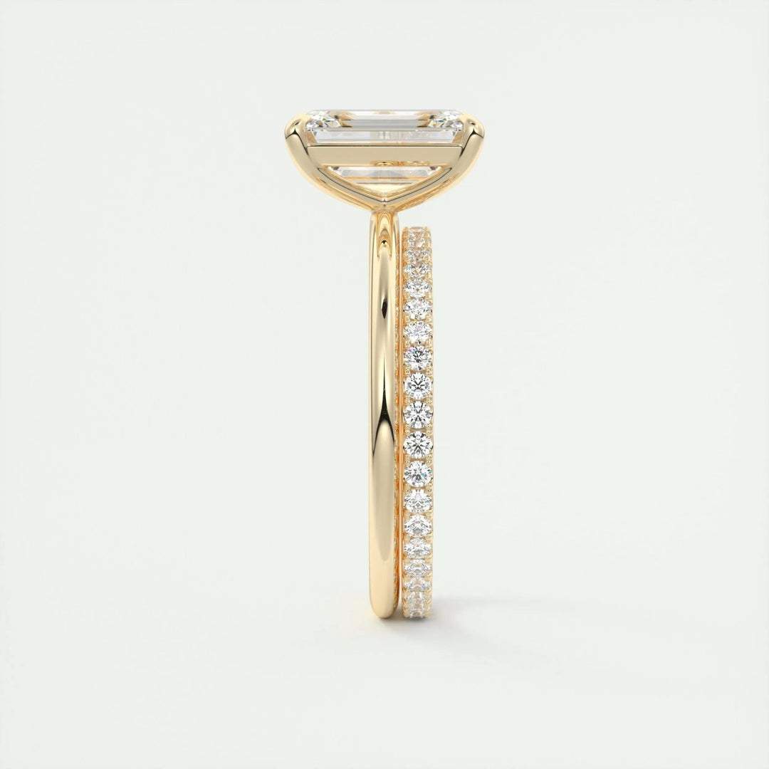 Emerald cut engagement ring side view showing band detail