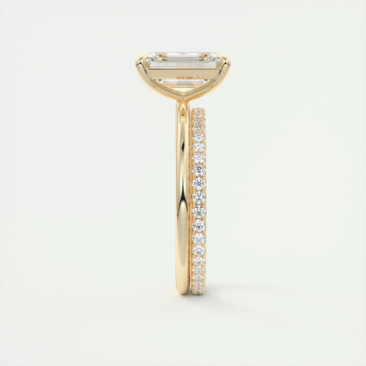 Emerald cut engagement ring side view showing band detail