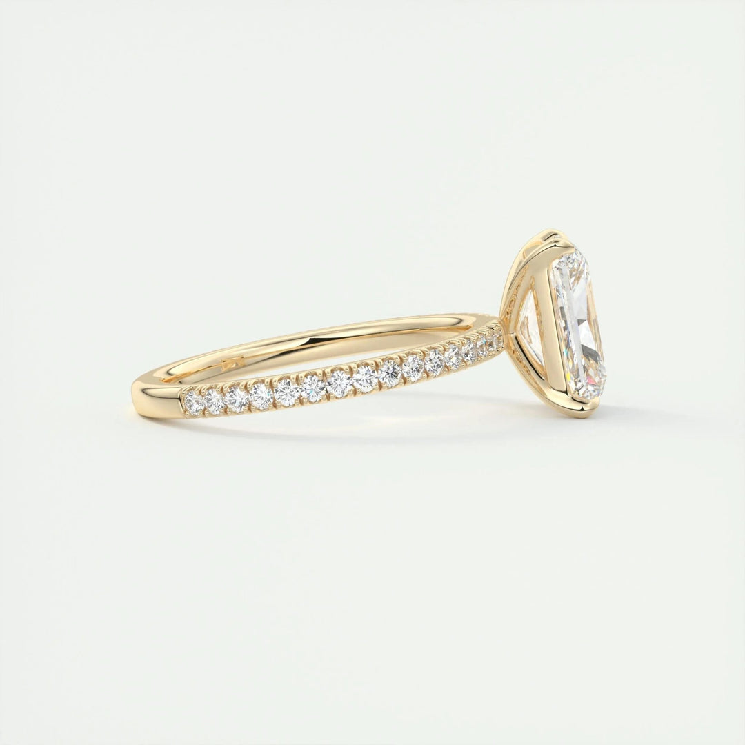 Detailed close-up of radiant pave diamond engagement ring