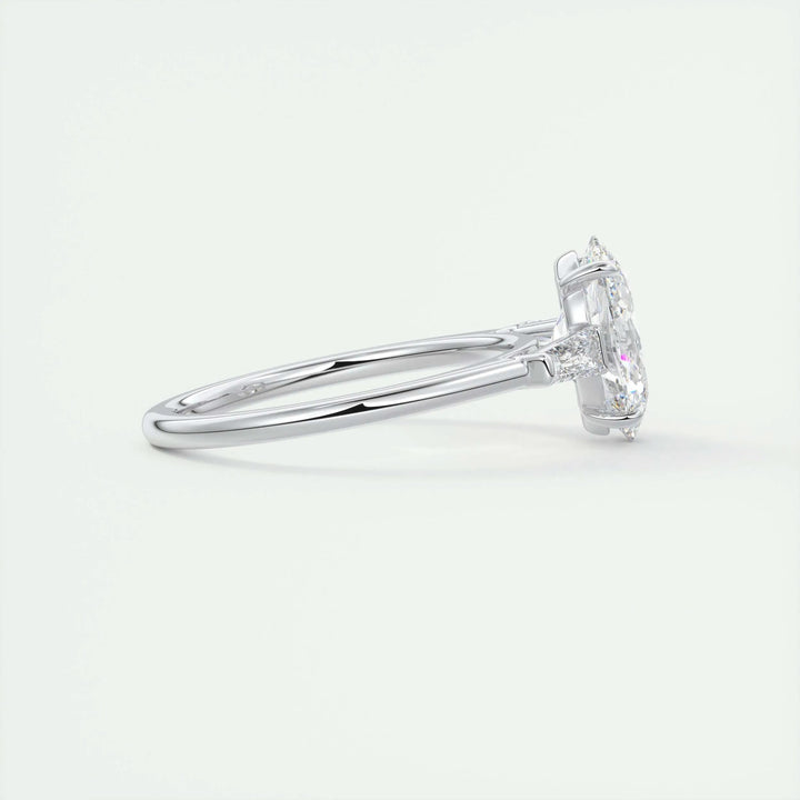 Side angle of oval three stone diamond engagement ring
