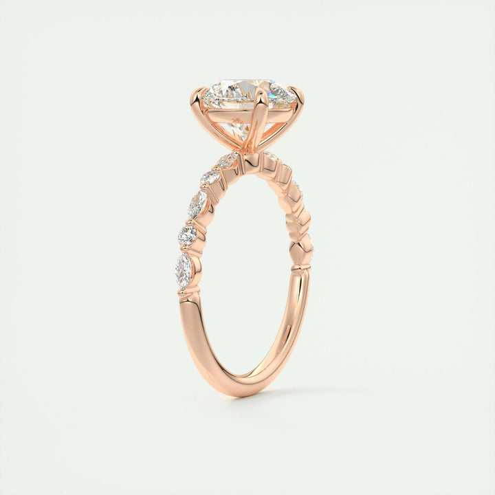 Close-up of round cut center diamond in pave engagement ring
