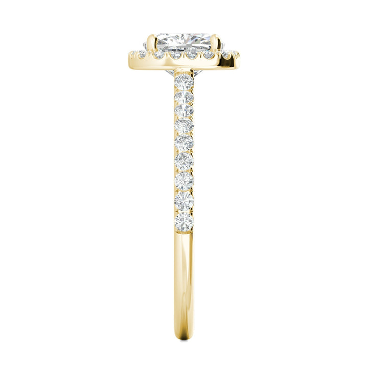 Cushion pave lab grown diamond ring side profile in gold setting