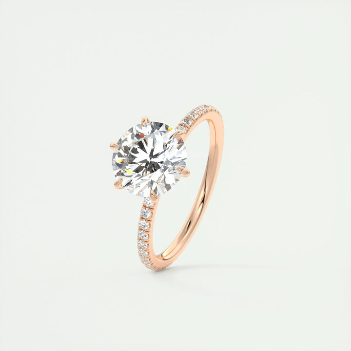 Round pave lab grown diamond ring side profile in gold setting