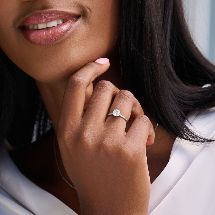 Top-down view of round cut solitaire engagement ring