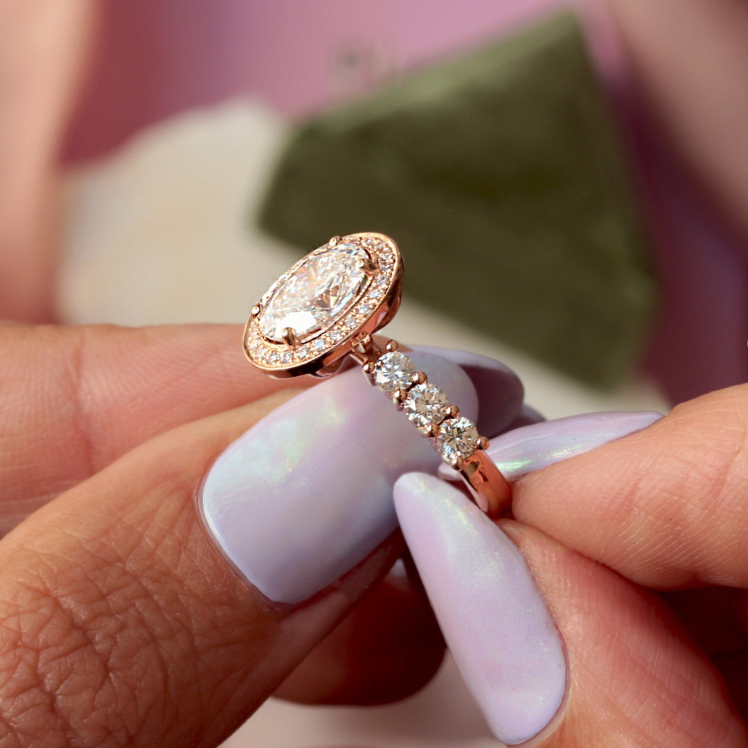Oval halo engagement ring with IGI certificate and packaging