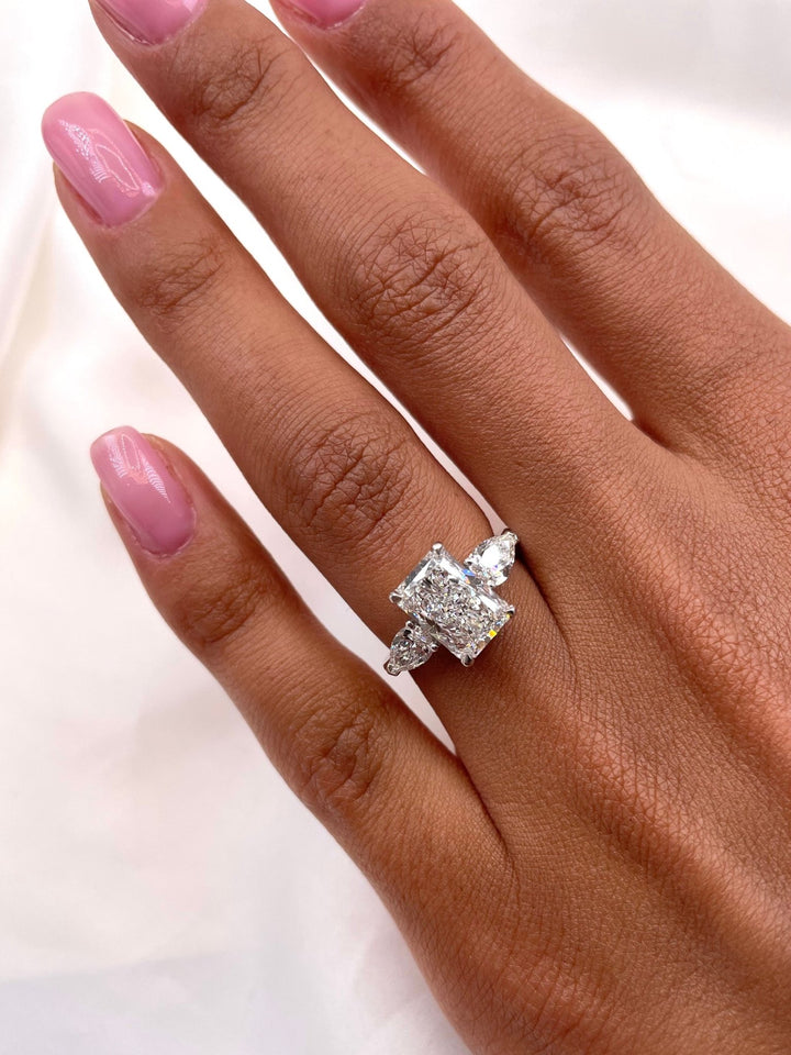 Radiant cut engagement ring side view showing band detail