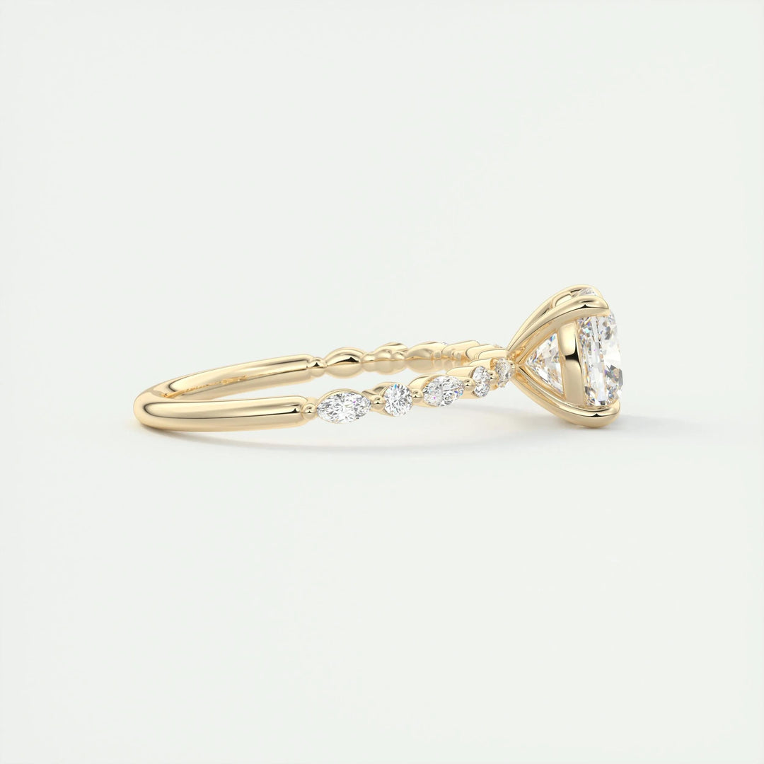 Cushion solitaire diamond ring displayed on jewelry stand