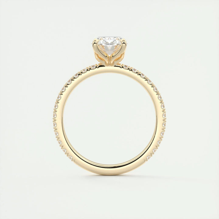 Side angle of oval pave diamond engagement ring