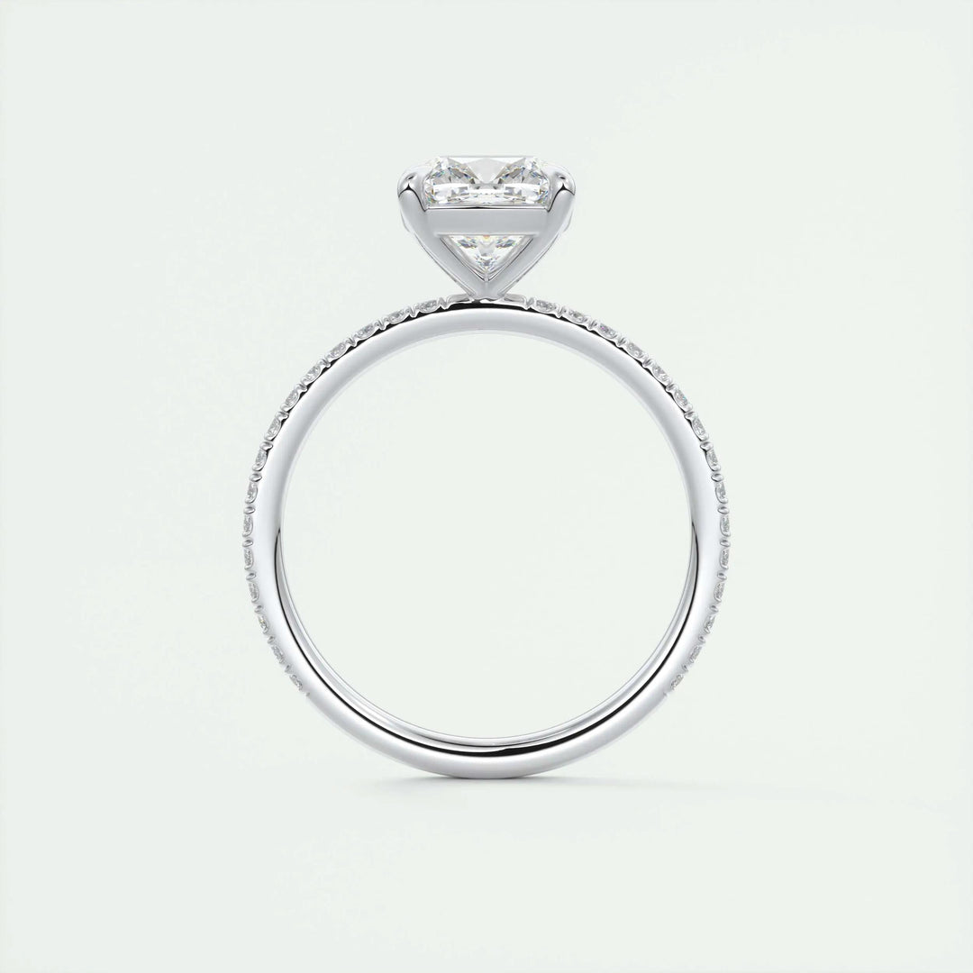 Certified cushion cut diamond featured in pave engagement ring