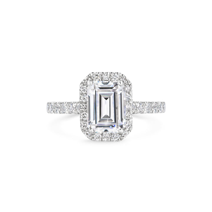 Emerald pave engagement ring viewed from the side
