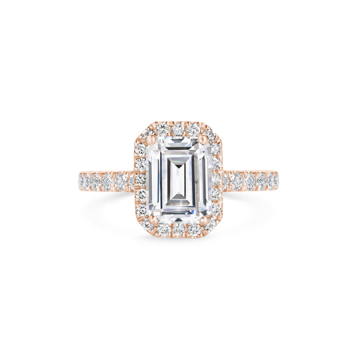 IGI certified emerald cut diamond in pave engagement ring setting
