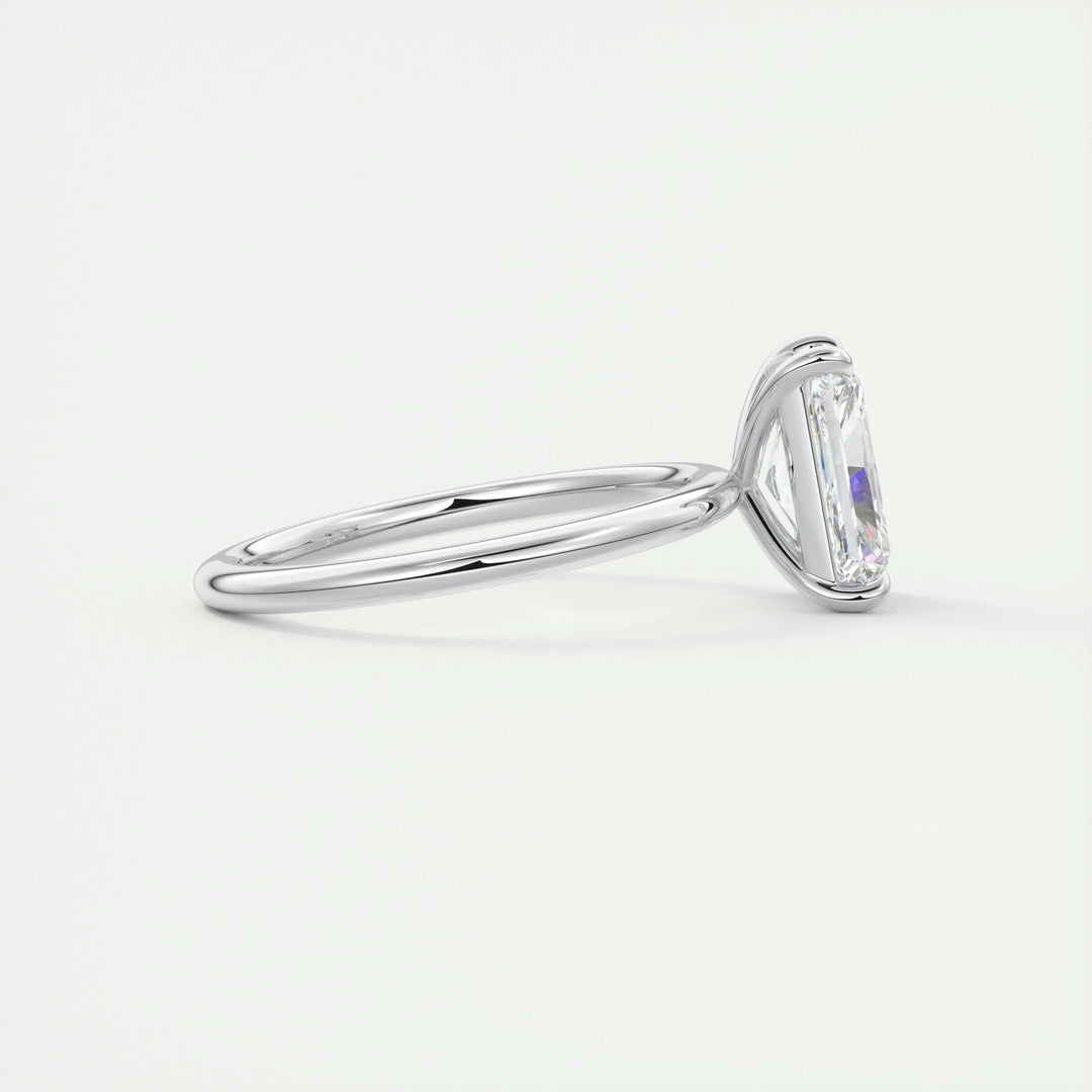 Close-up of radiant cut center diamond in solitaire engagement ring
