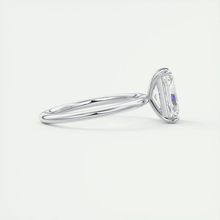 Close-up of radiant cut center diamond in solitaire engagement ring