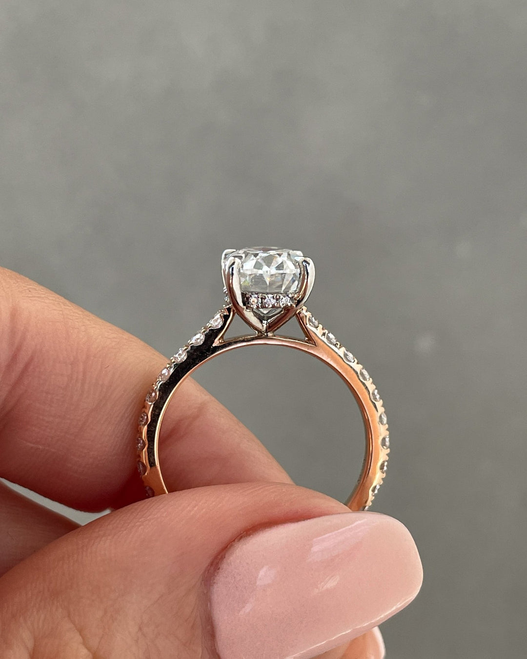 Handcrafted oval cut hidden halo lab grown diamond engagement ring