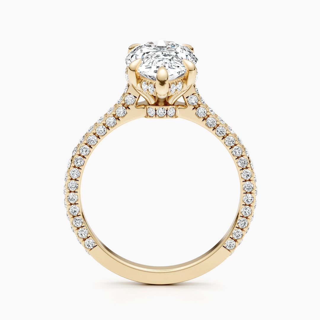Side angle of pear hidden halo diamond engagement ring