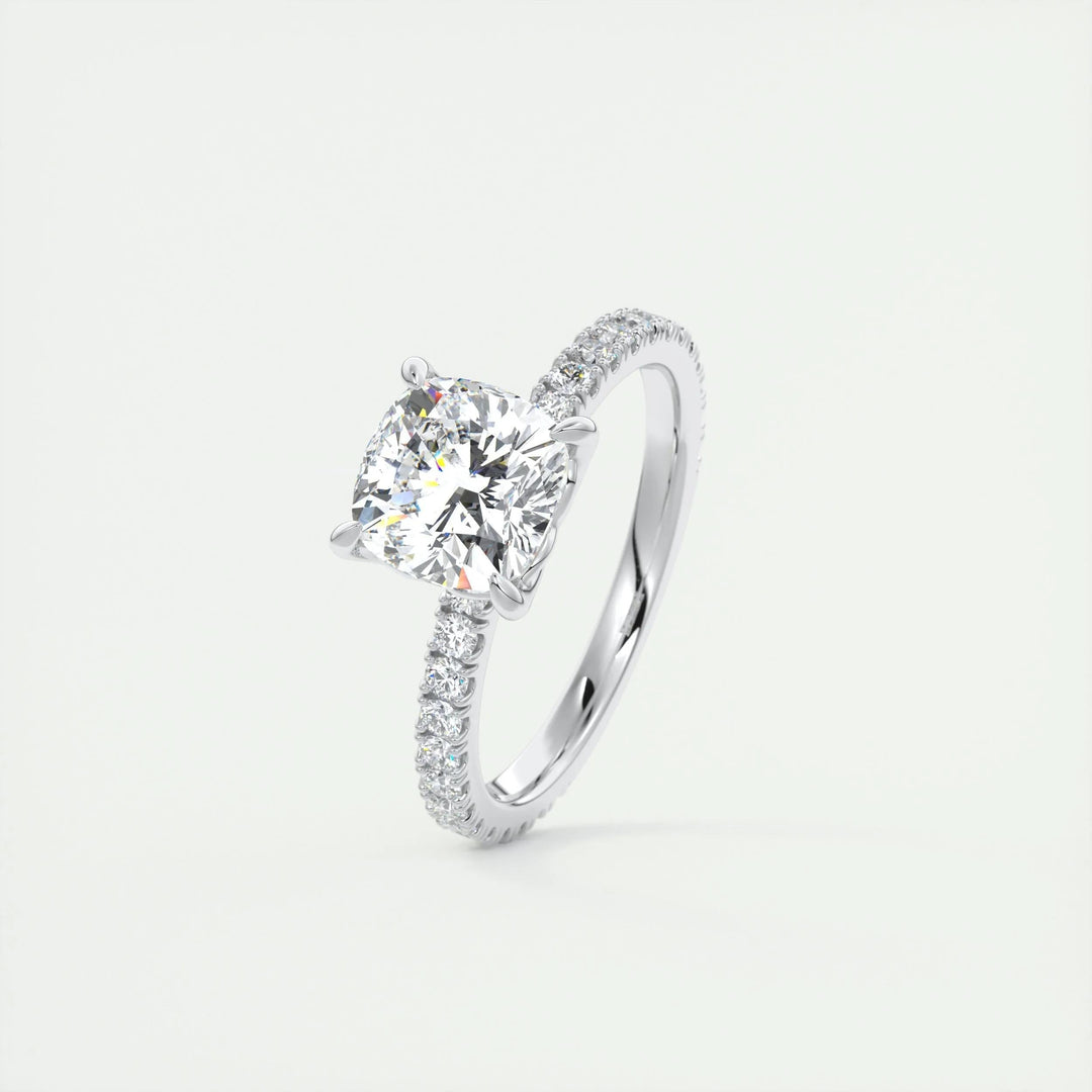 Cushion pave lab grown diamond ring fitted on finger