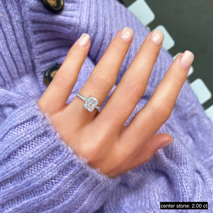 Fine craftsmanship detail on radiant pave engagement ring