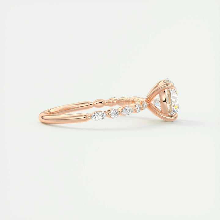 Angled view of round cut diamond in pave setting