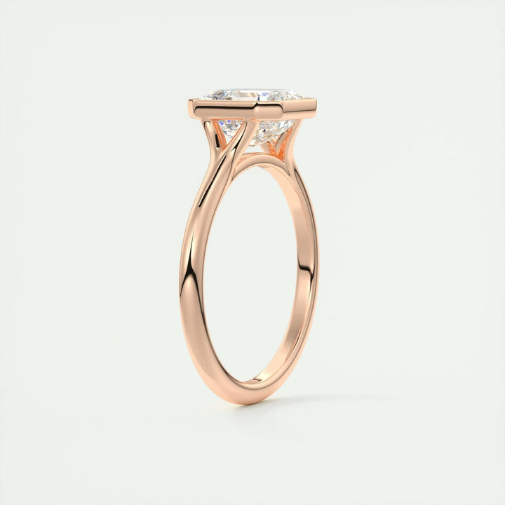 Angled view of asscher cut diamond in bezel setting