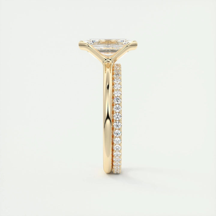 Close-up of emerald cut center diamond in solitaire engagement ring