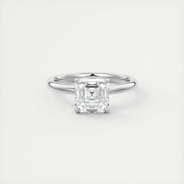 Close-up of asscher cut center diamond in solitaire engagement ring