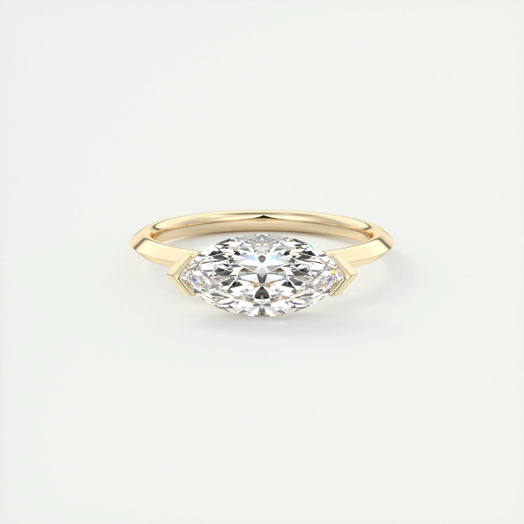 Angled view of marquise cut diamond in solitaire setting