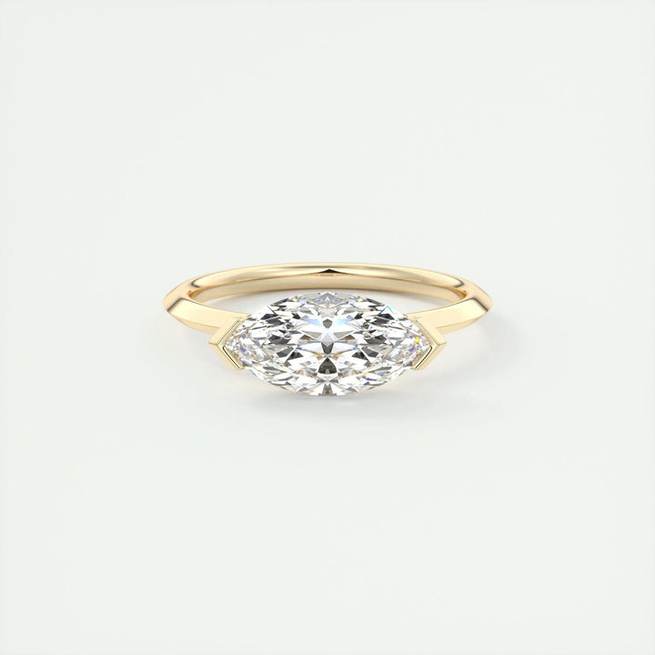 Angled view of marquise cut diamond in solitaire setting