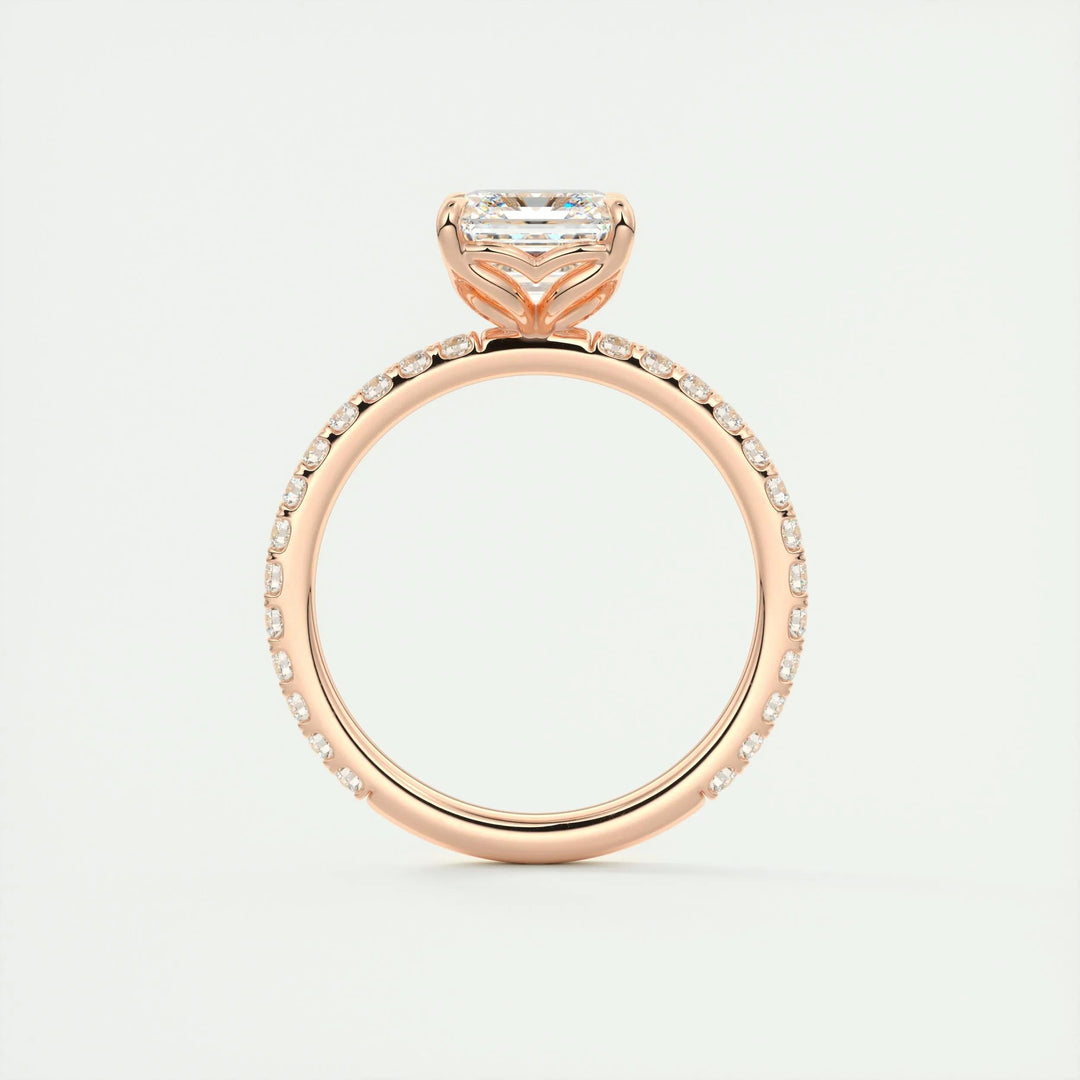 Asscher pave engagement ring shown on hand for true-to-life sizing