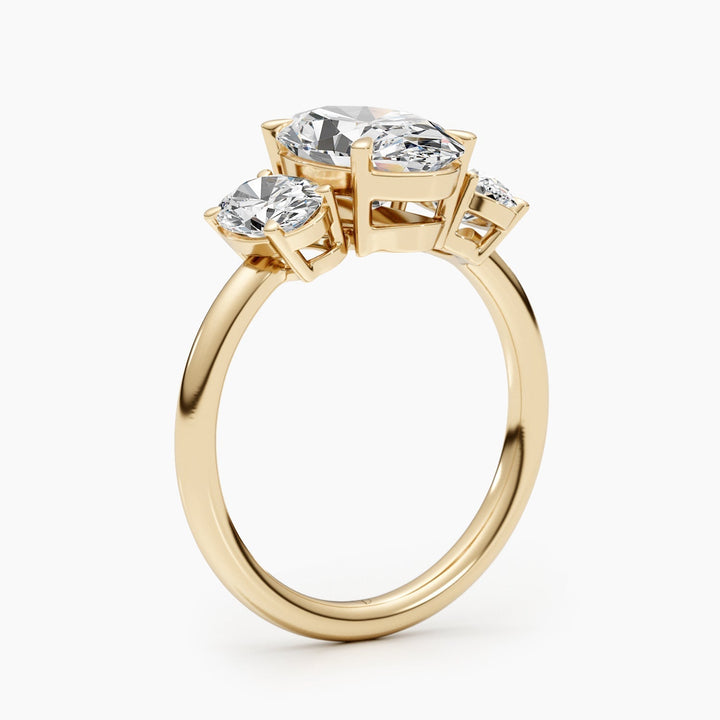 Oval three stone engagement ring close-up highlighting diamond sparkle