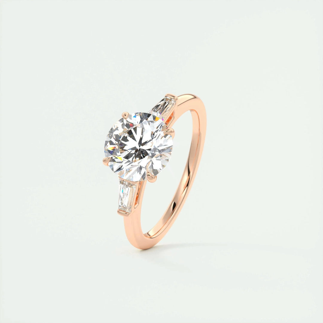 Round three stone lab grown diamond ring side profile in gold setting