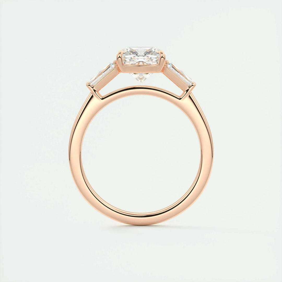 Angled view of cushion cut diamond in three stone setting