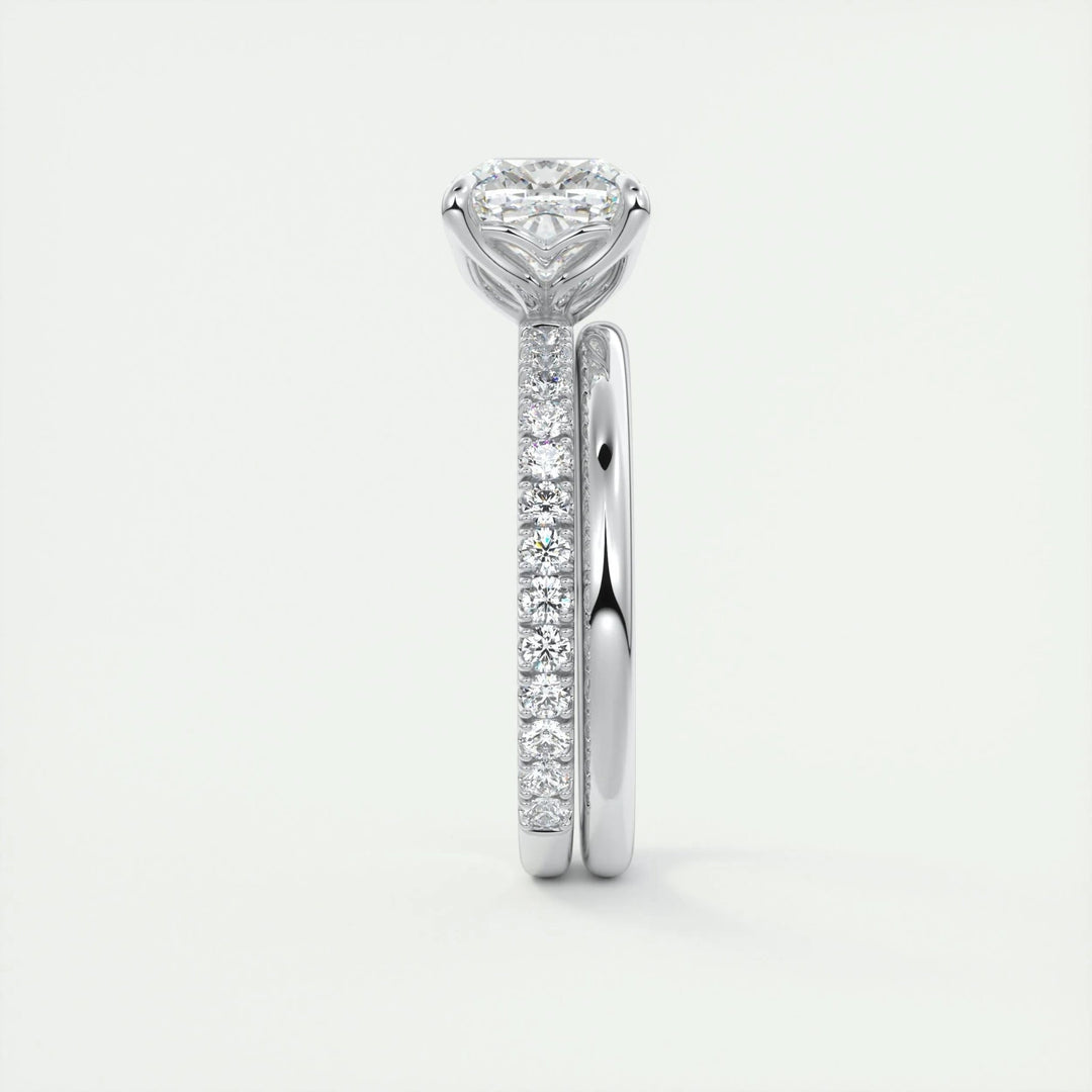 Cushion pave engagement ring viewed from the side