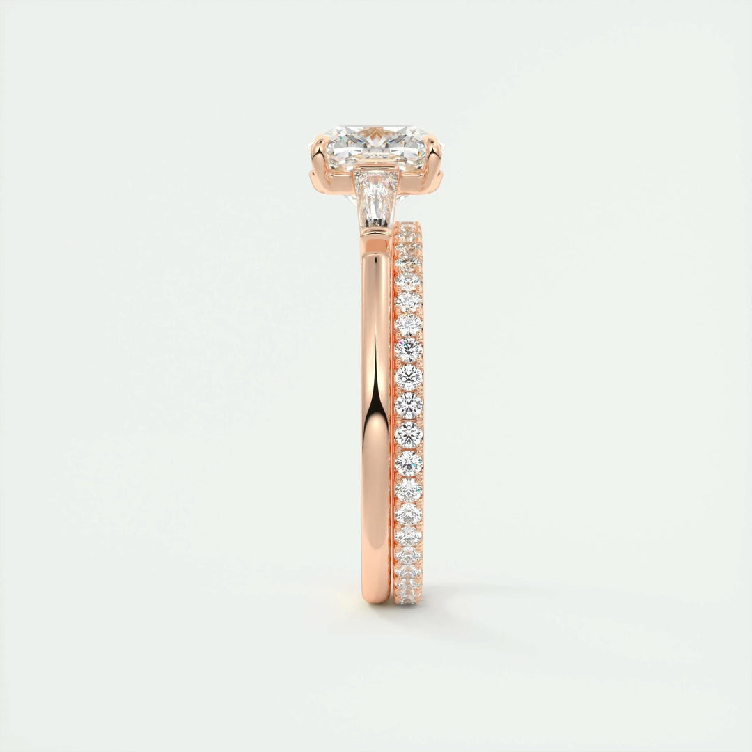 Top-down view of cushion cut three stone engagement ring