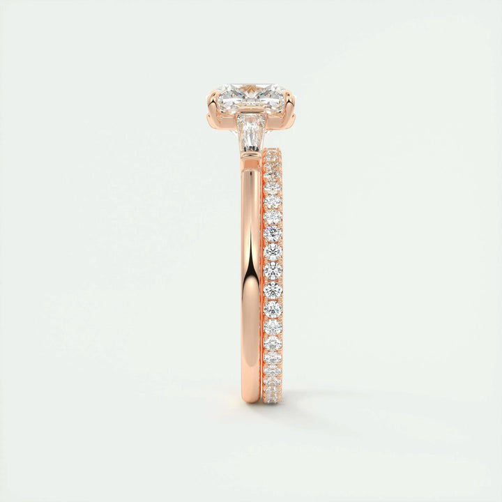 Top-down view of cushion cut three stone engagement ring