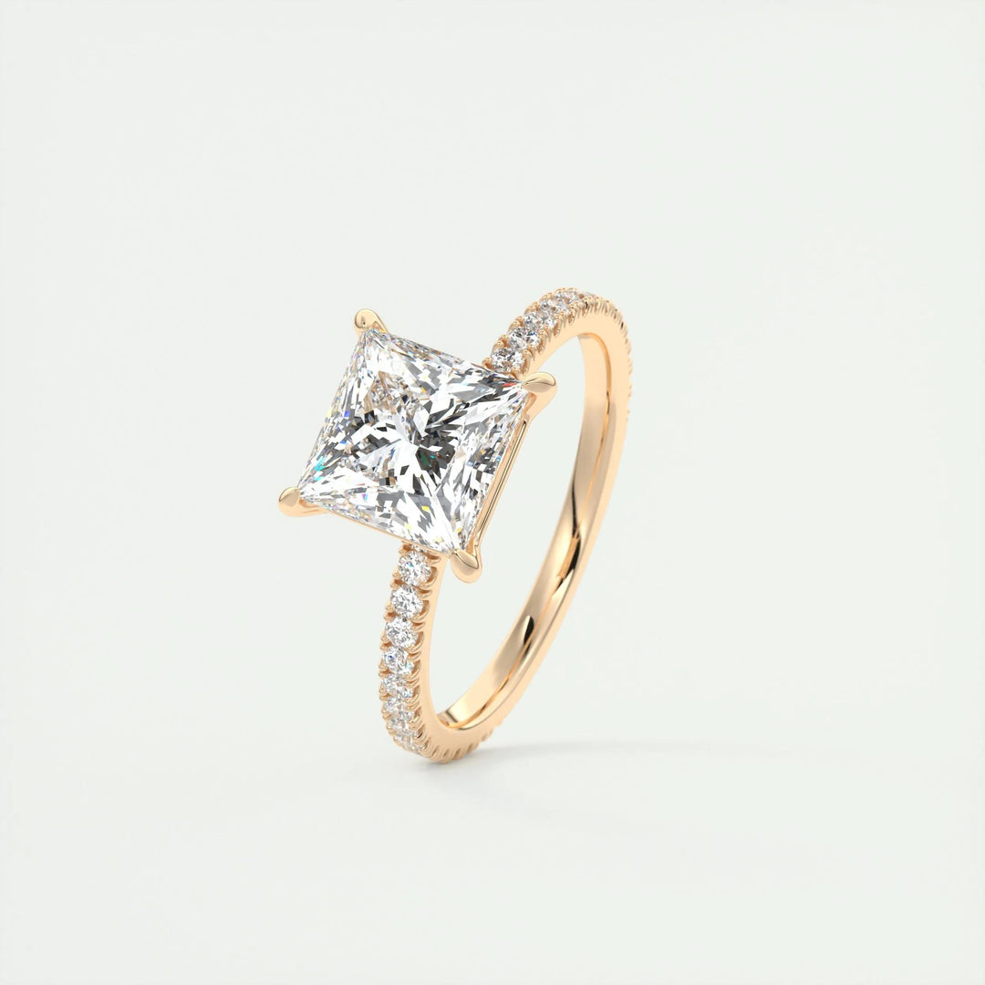 Detailed close-up of princess pave diamond engagement ring