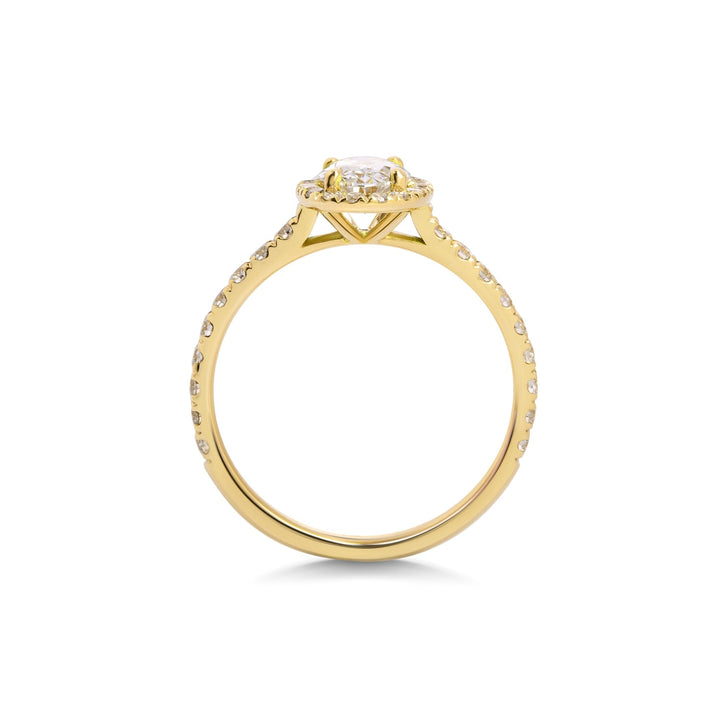 Oval pave engagement ring close-up highlighting diamond sparkle
