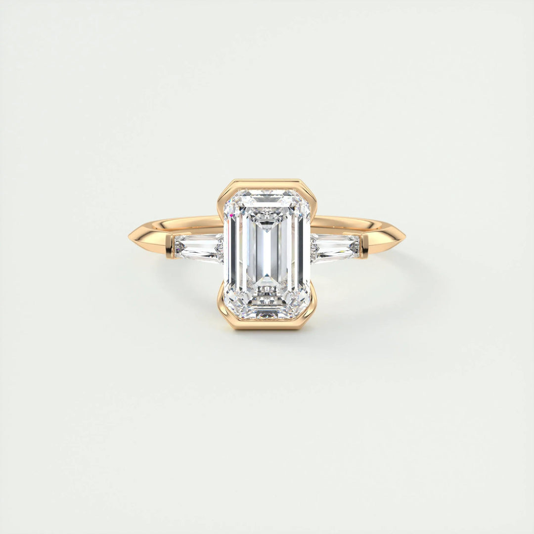 Emerald three stone lab grown diamond ring side profile in gold setting
