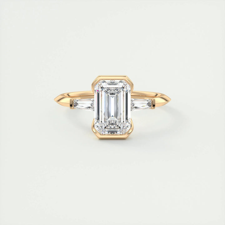 Emerald three stone lab grown diamond ring side profile in gold setting
