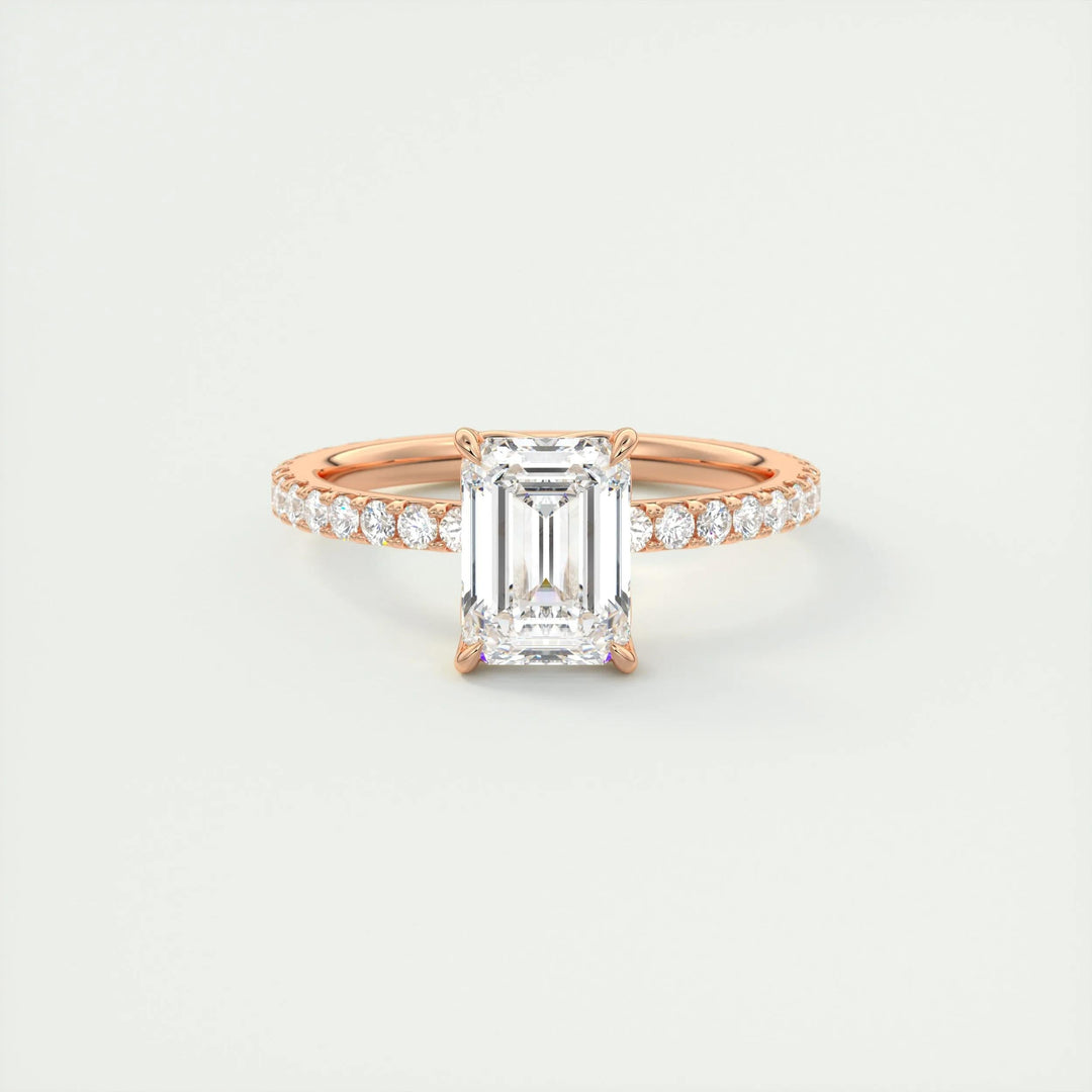Emerald cut engagement ring side view showing band detail