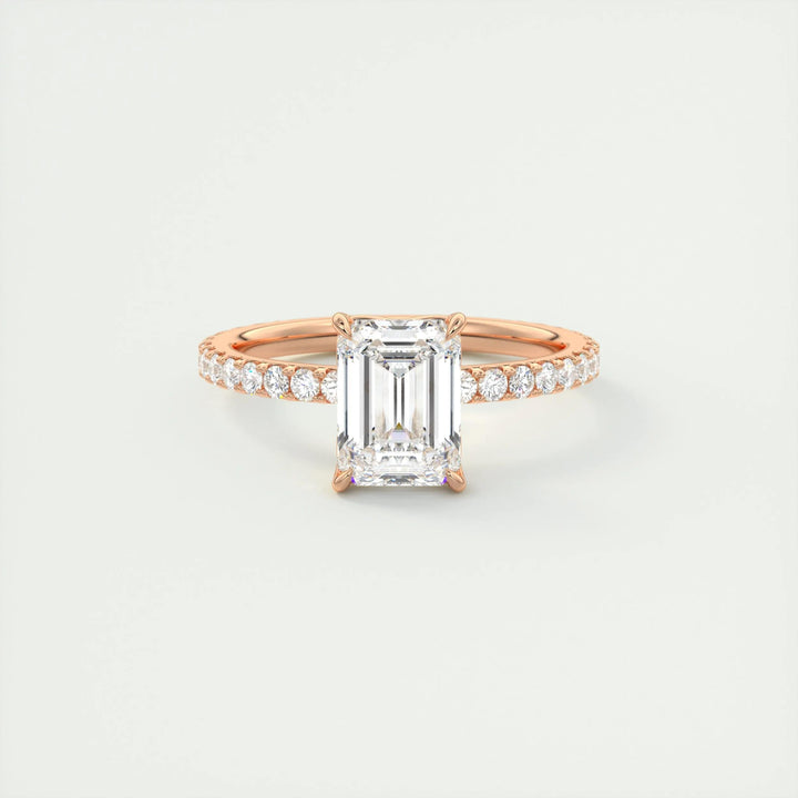 Emerald cut engagement ring side view showing band detail