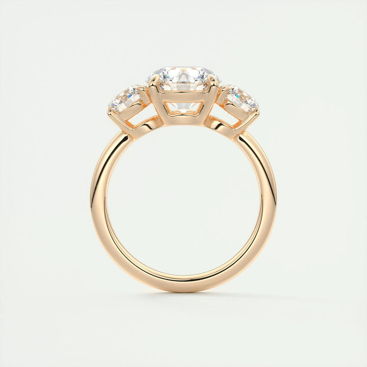 Round three stone lab grown diamond ring side profile in gold setting
